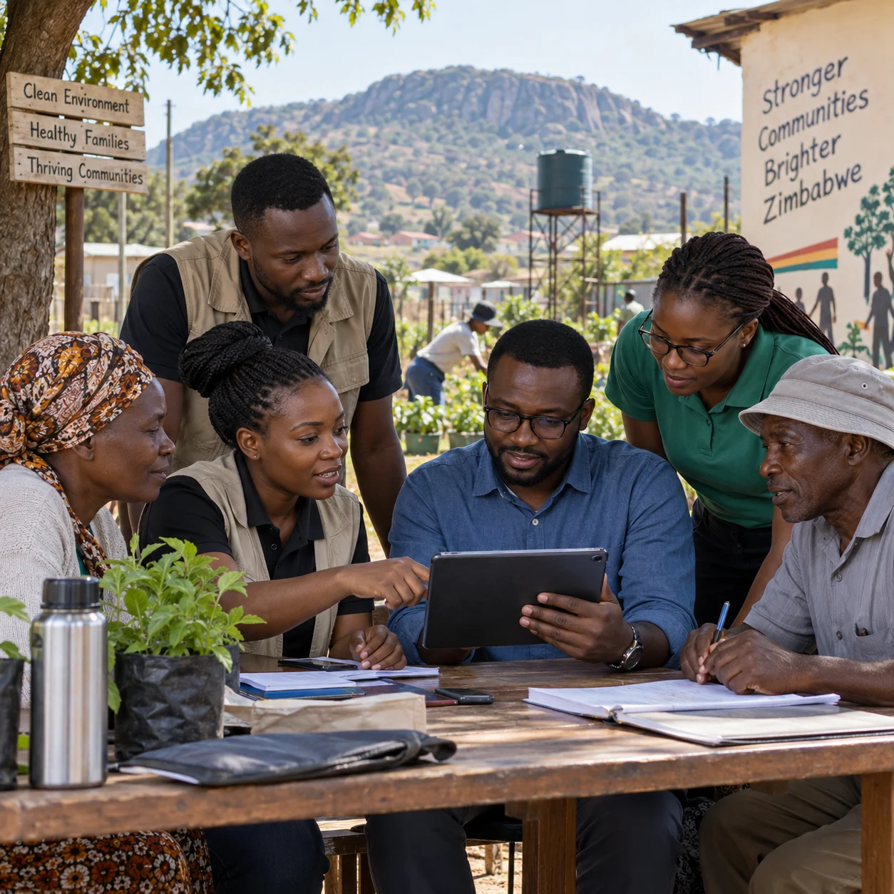 African community workers reviewing a field project together