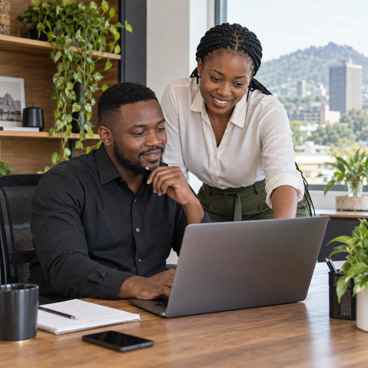 African service professionals reviewing a client project together